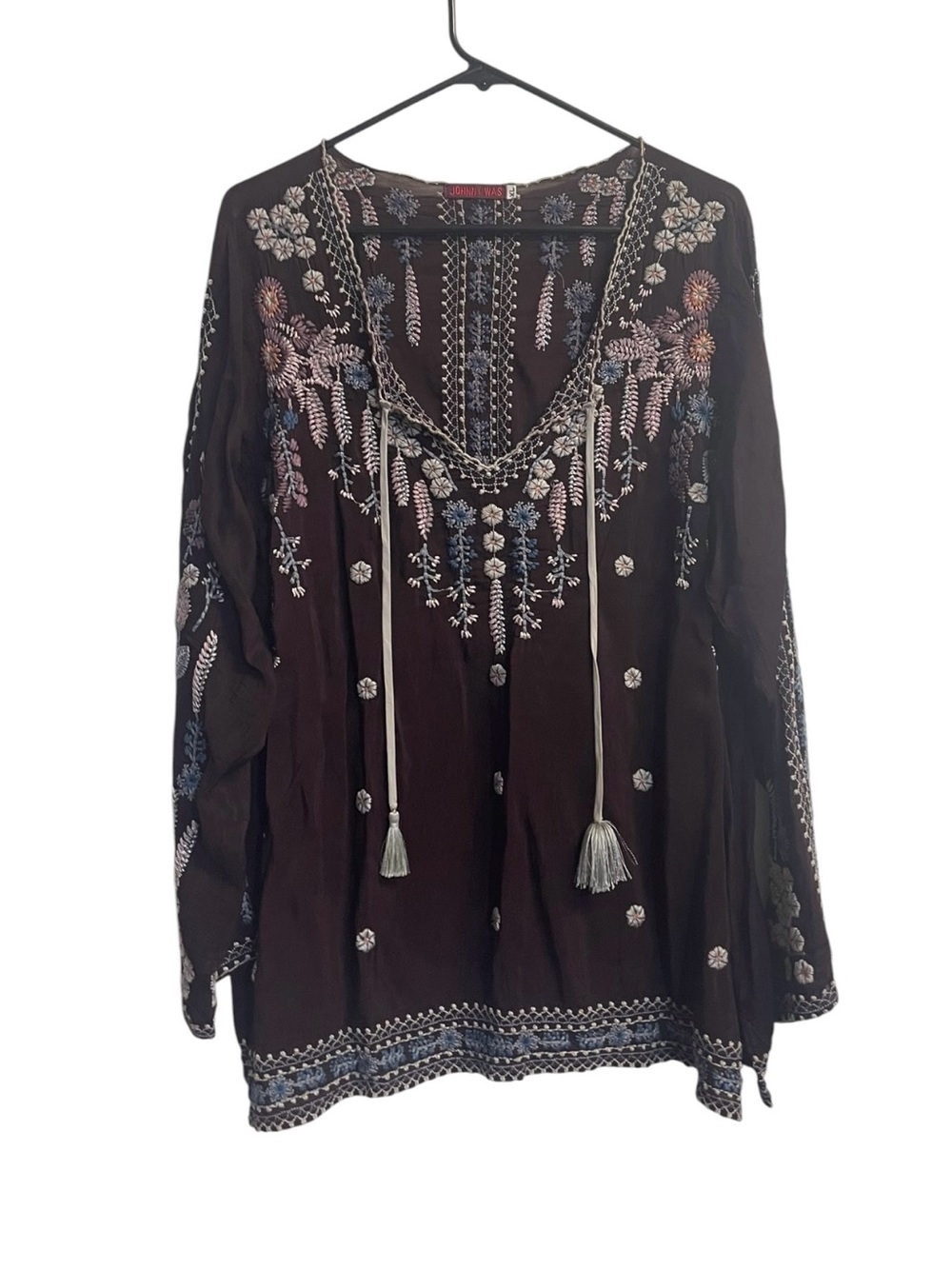 Johnny Was XL Embroidered Floral Boho Tunic Blouse Burgundy Tassel